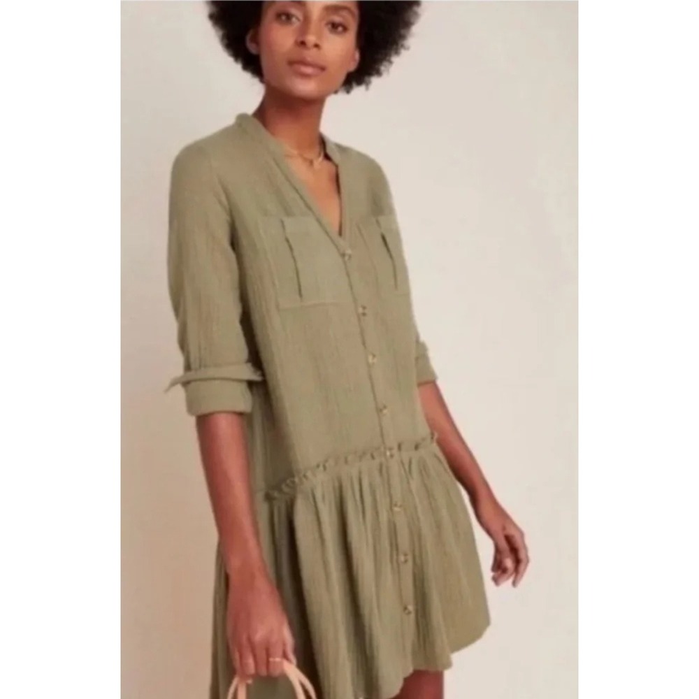 Women's Maeve Anthropologie Size 6 Green Cotton Drop Waist Gauze Shirt Dress